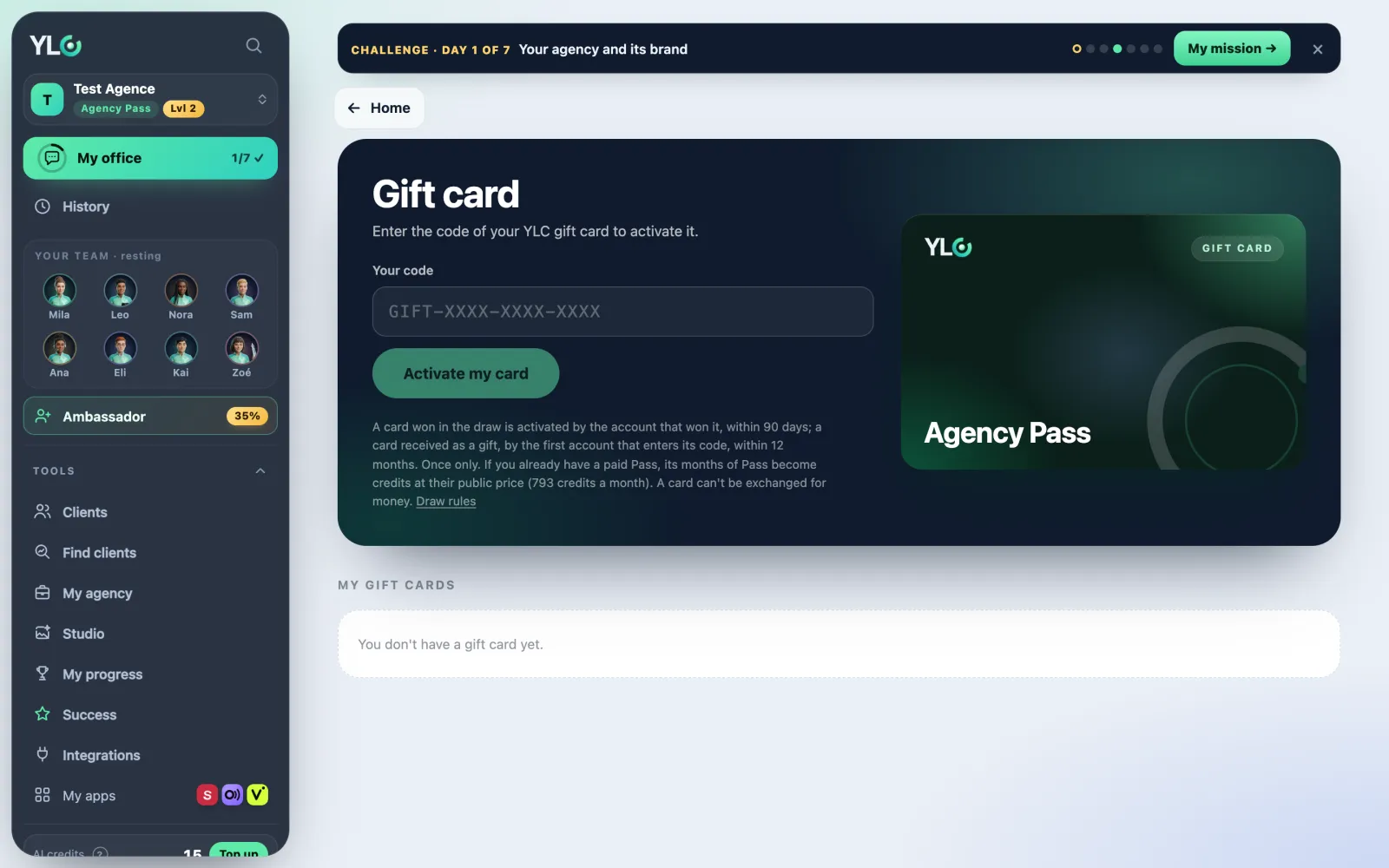 The Gift card page