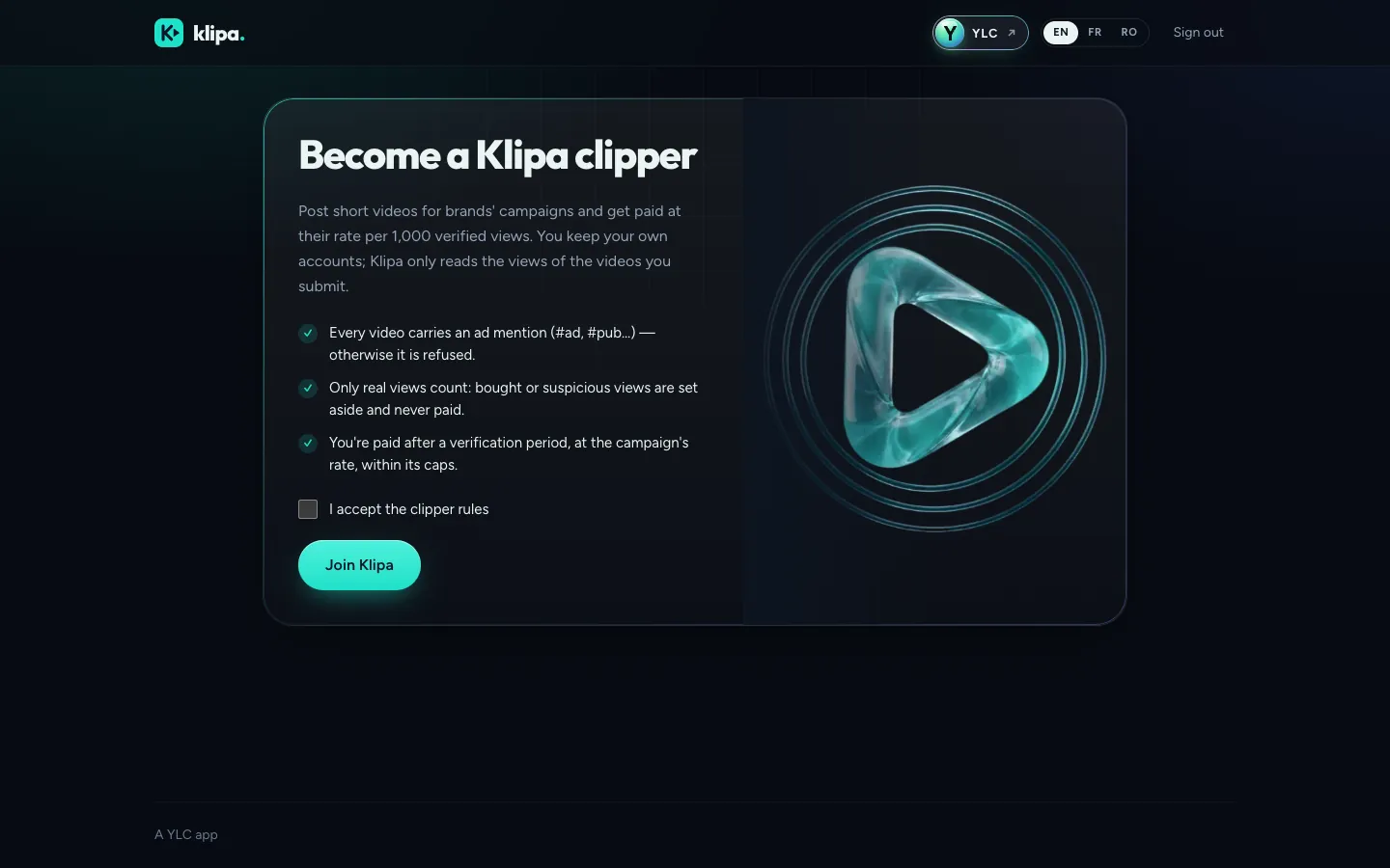 The home screen of Klipa