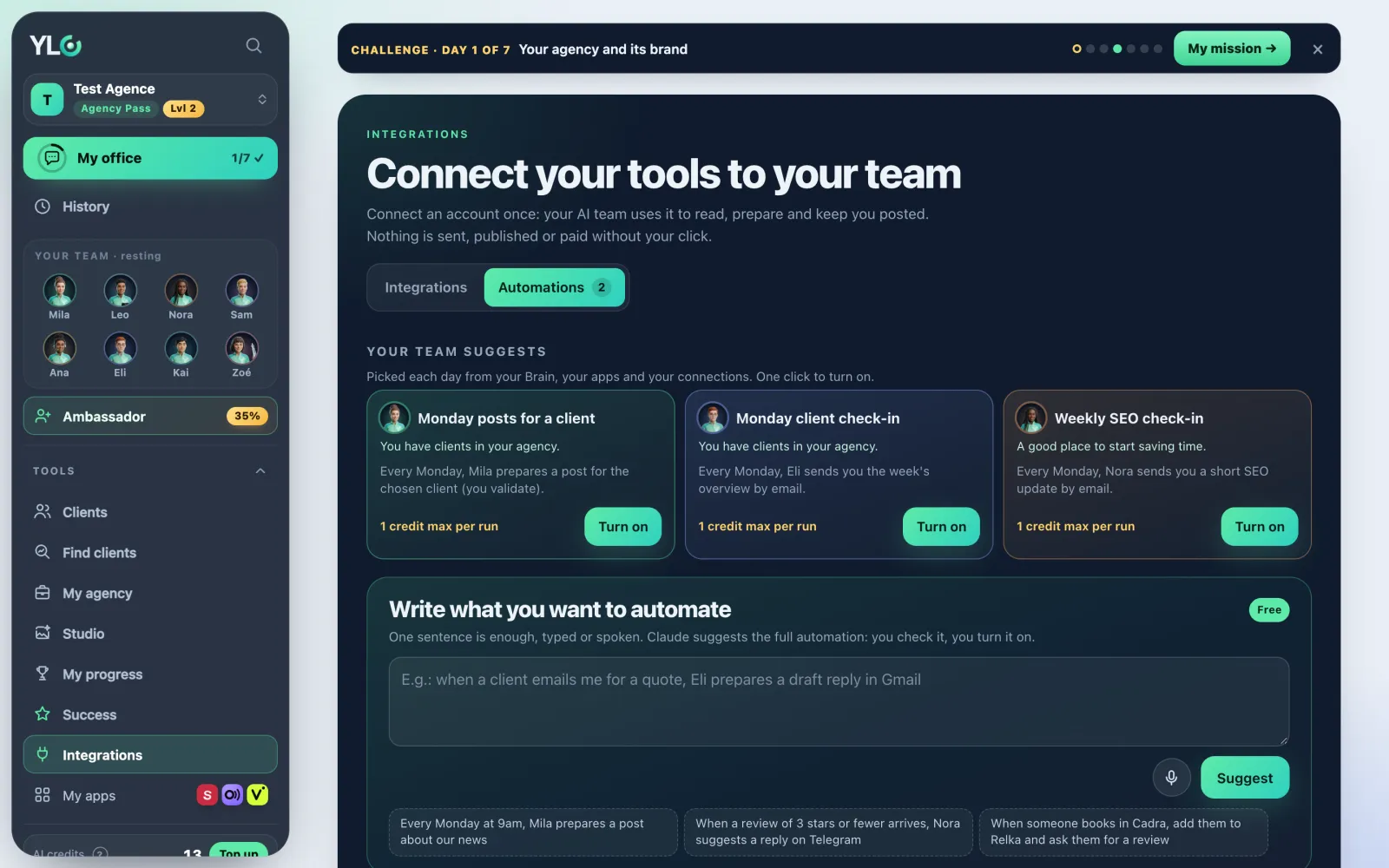 The Automations tab: one recipe per card, one switch each