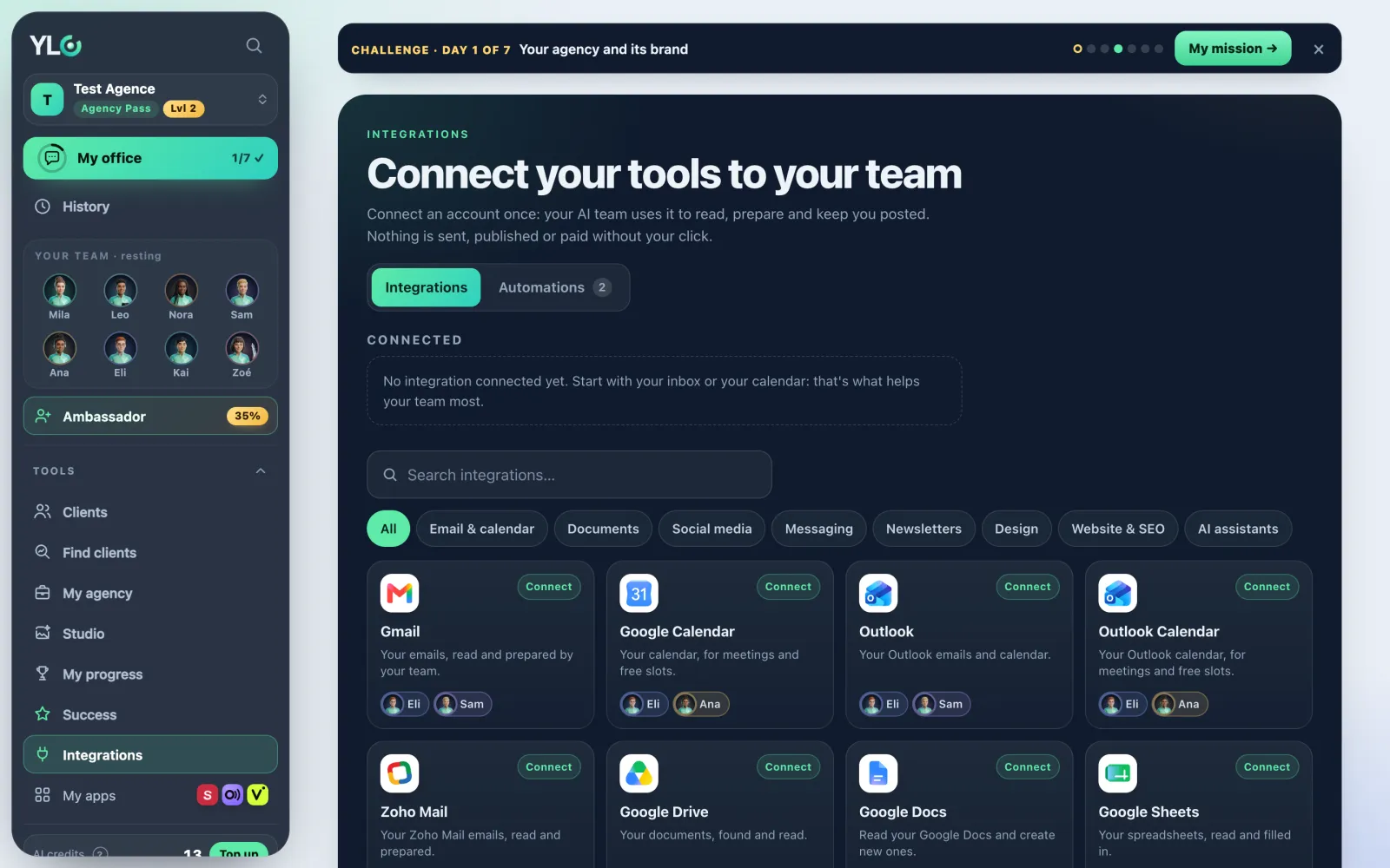 The Integrations page: your connections at the top, then the catalog