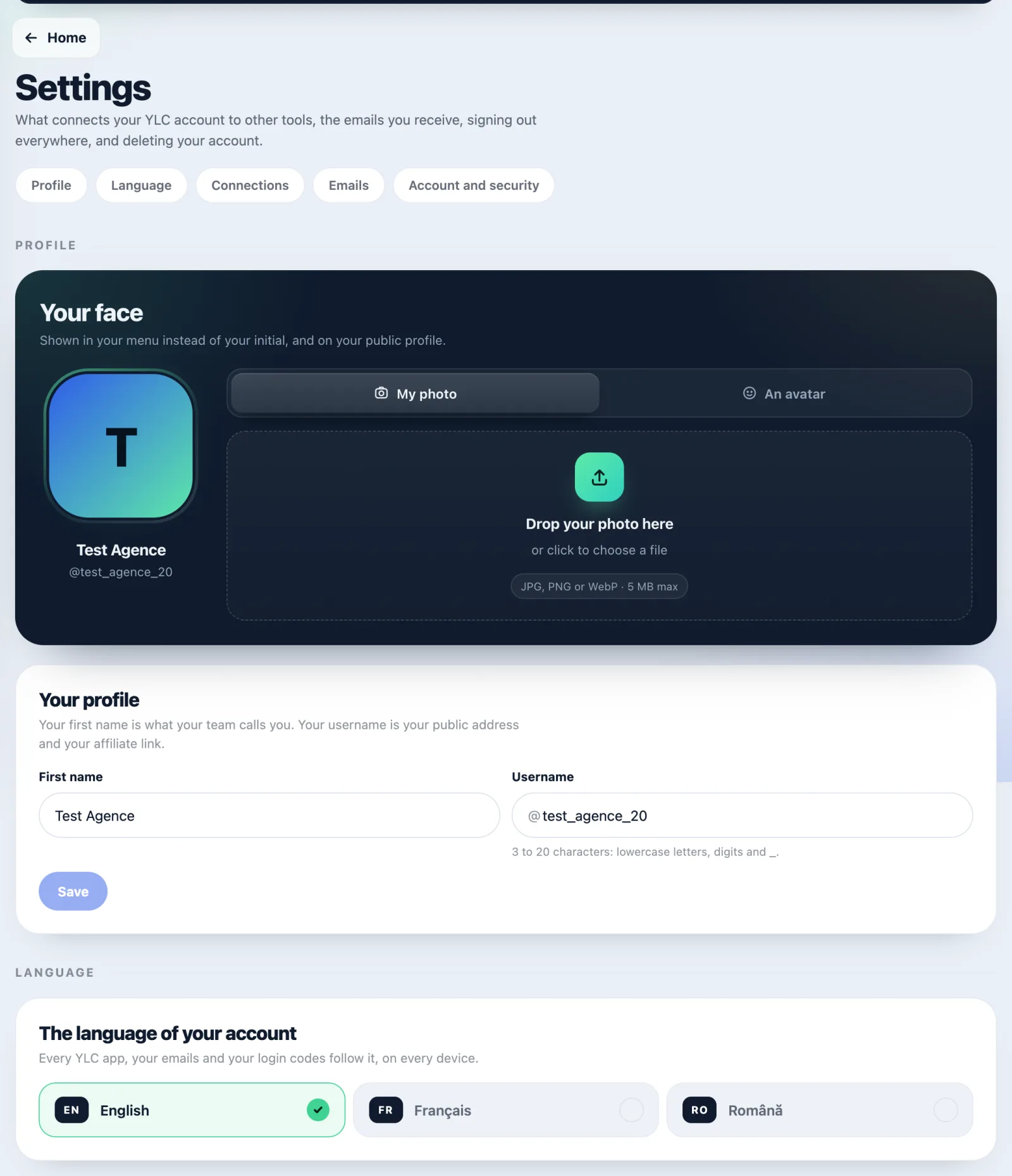 The Settings page