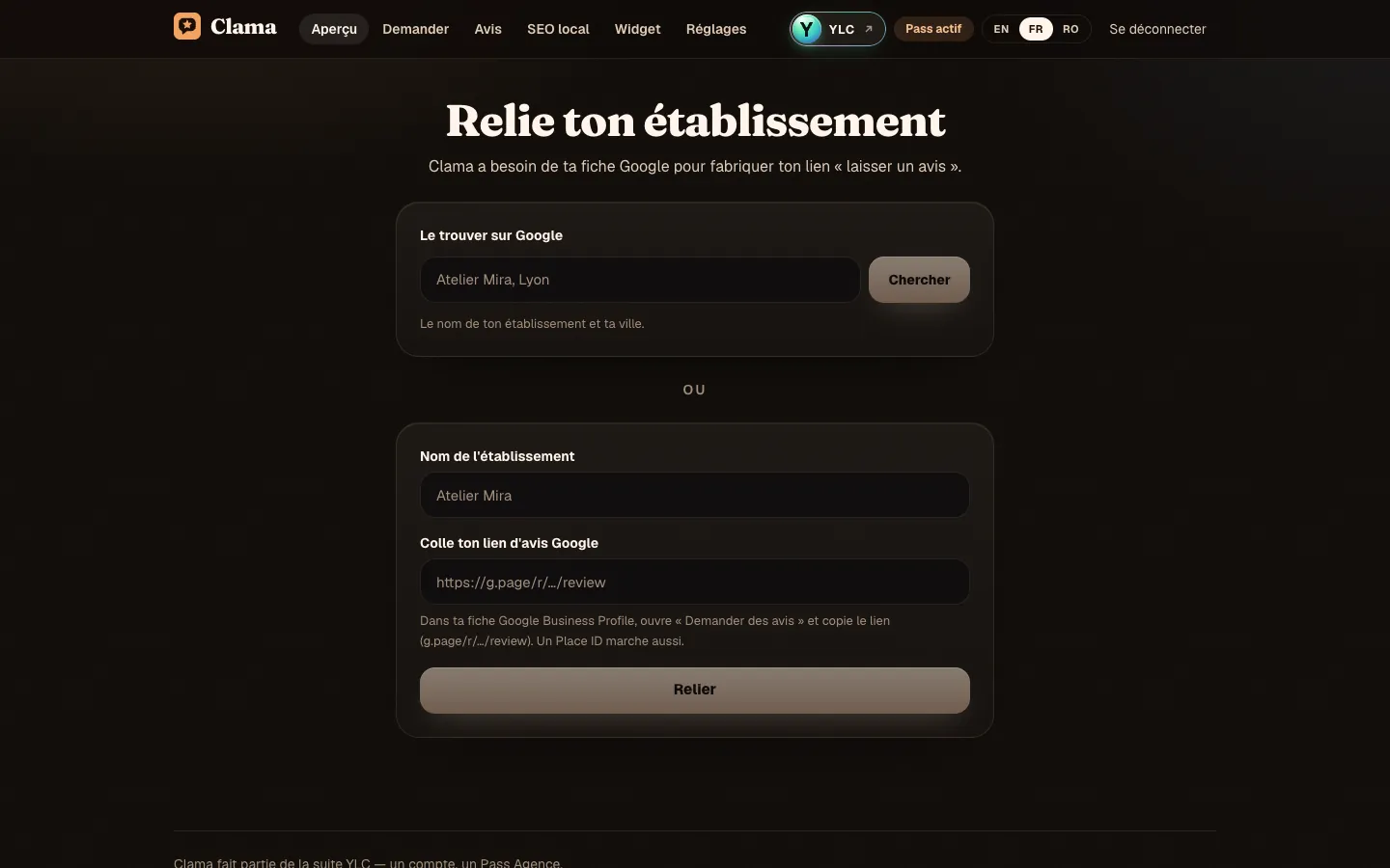L'écran d'accueil de Clama
