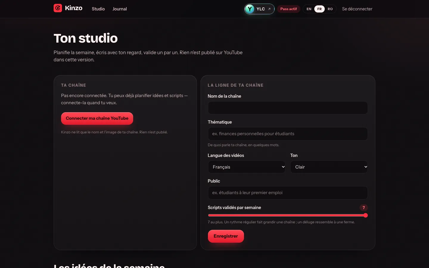L'écran d'accueil de Kinzo