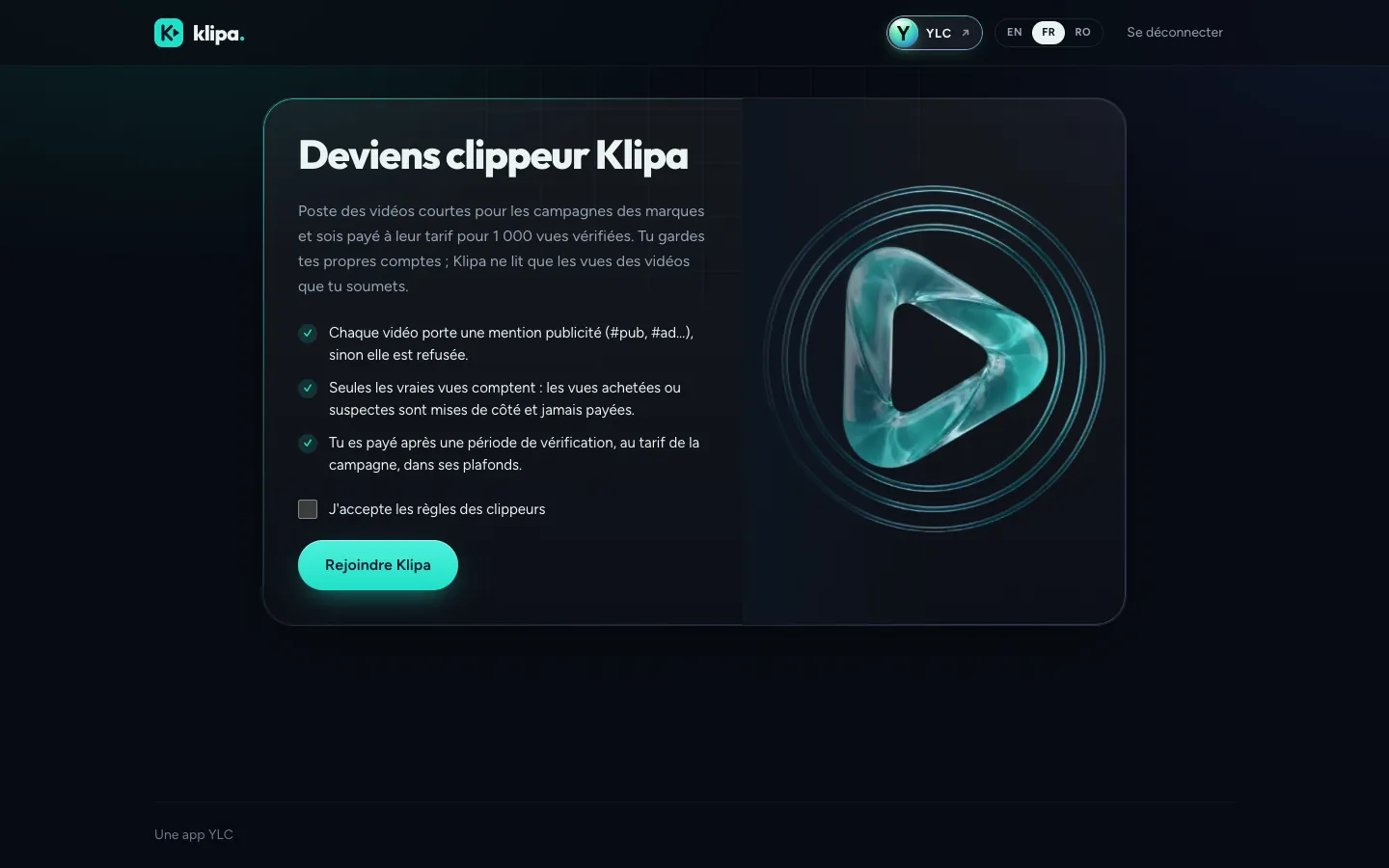 L'écran d'accueil de Klipa