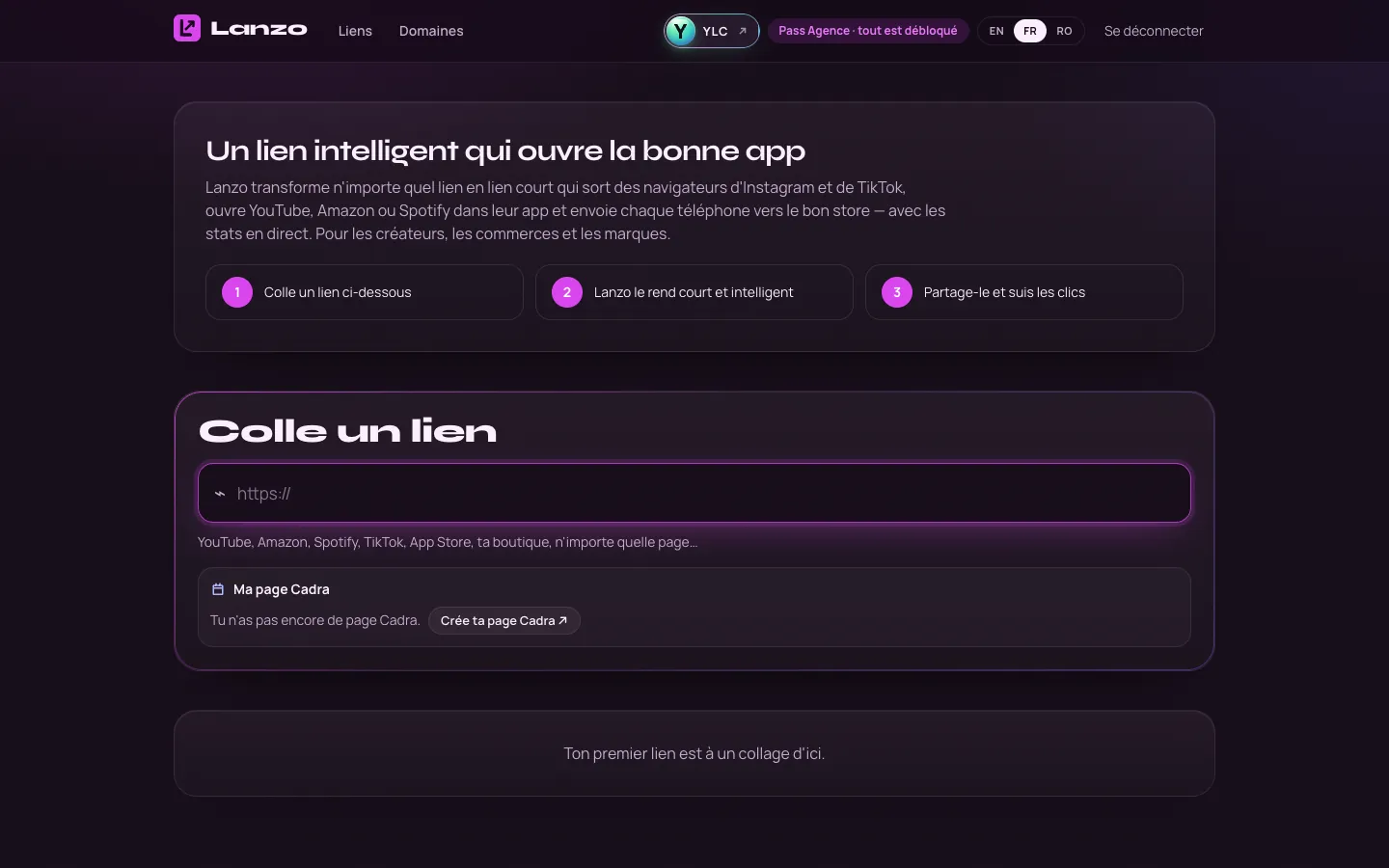 L'écran d'accueil de Lanzo