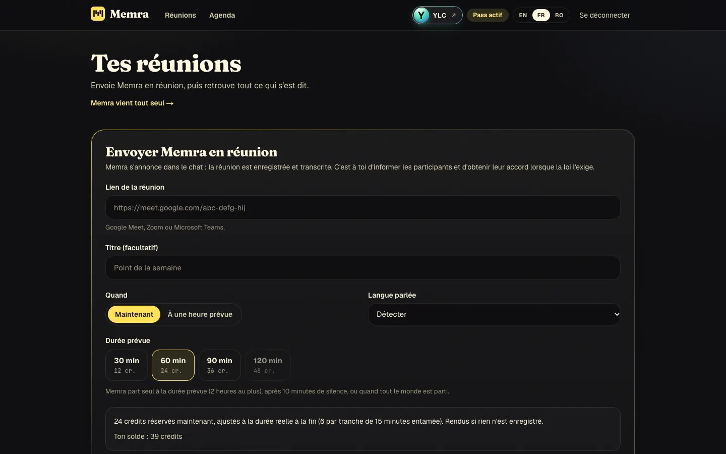 L'écran d'accueil de Memra