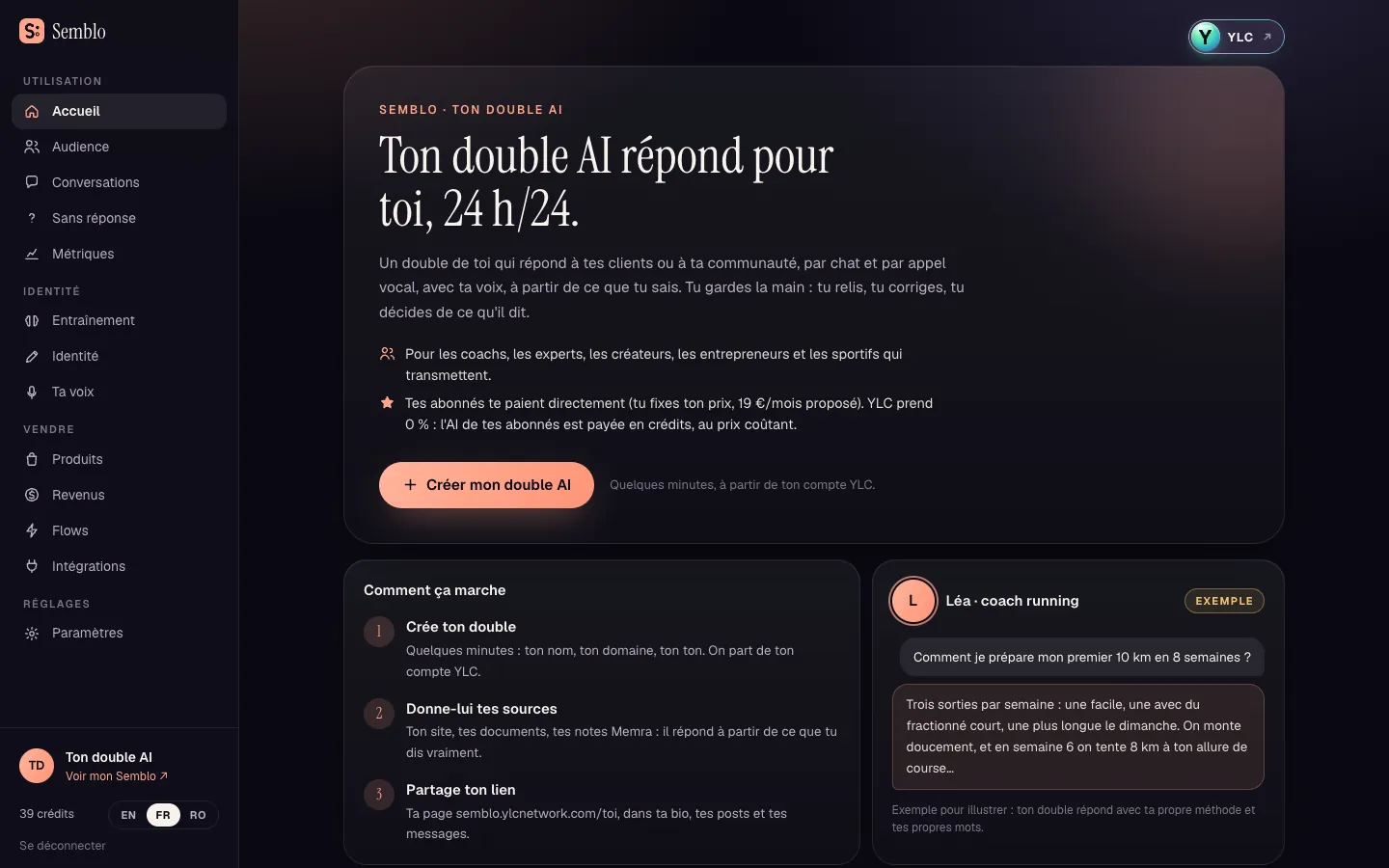 L'écran d'accueil de Semblo