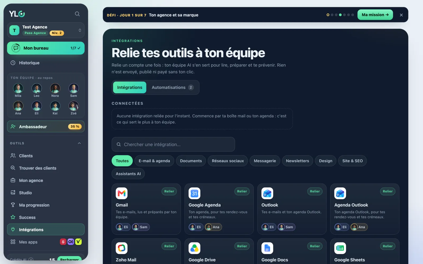 La page Intégrations : tes connexions en haut, puis le catalogue