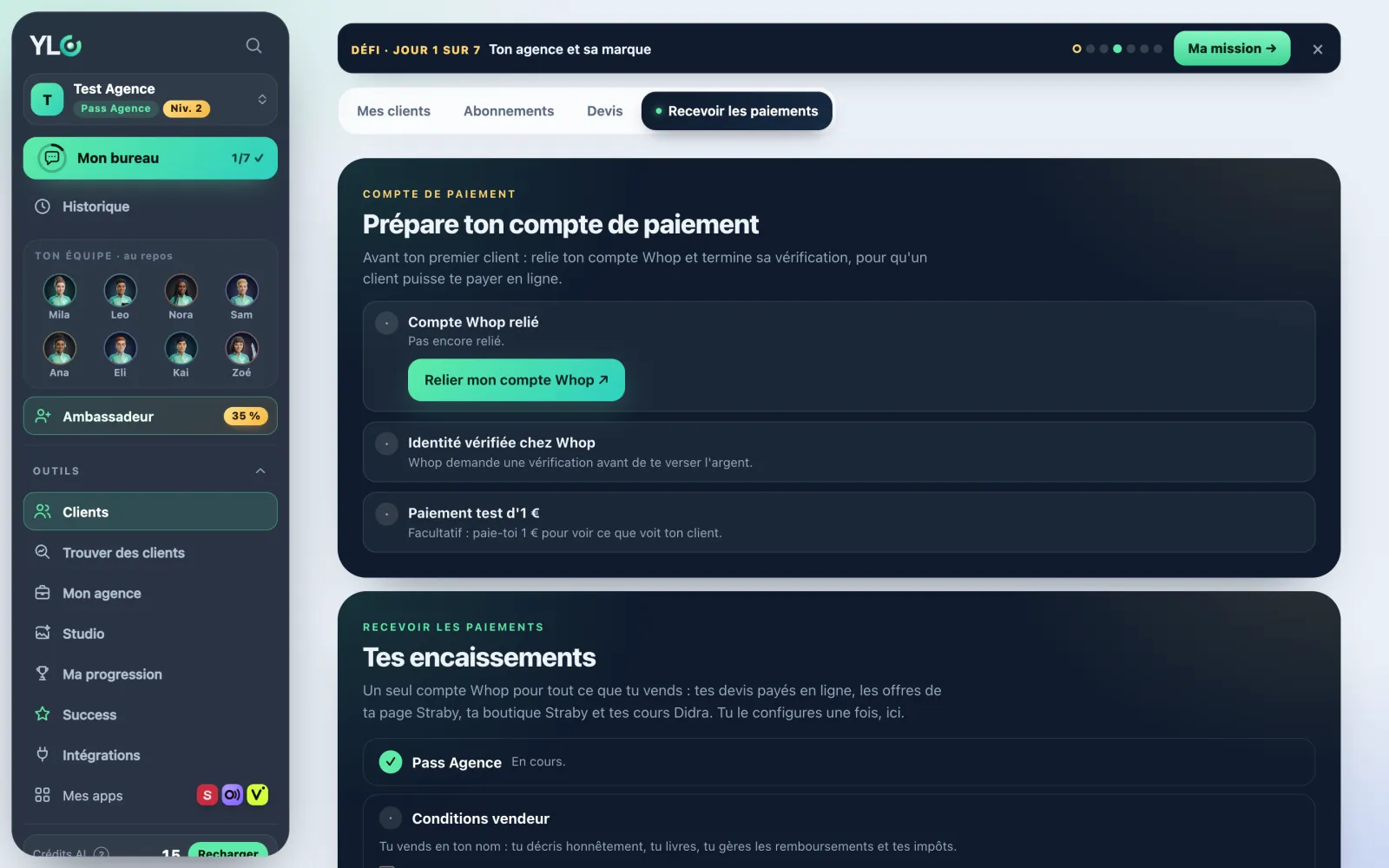 La page Recevoir les paiements