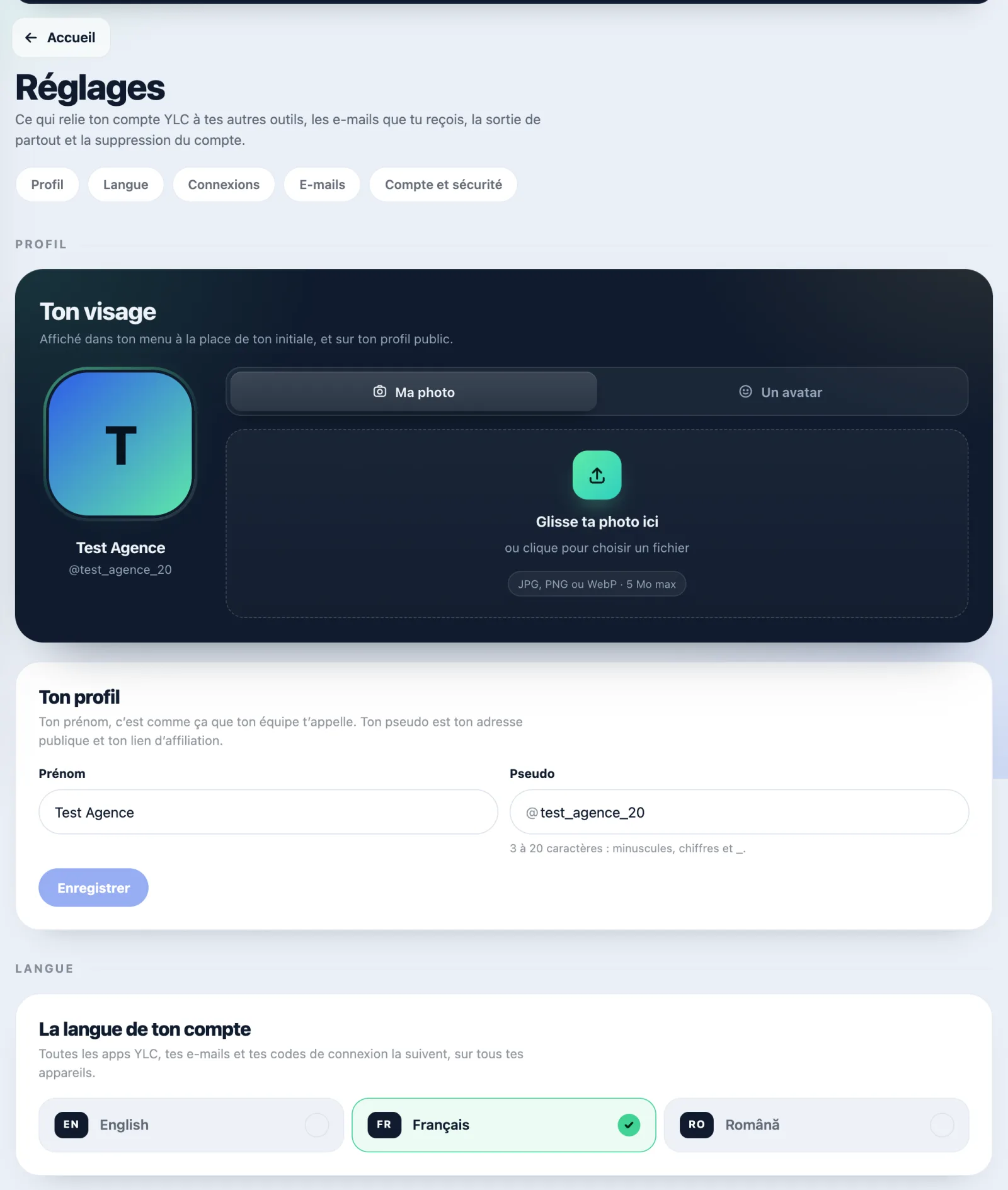 La page Réglages