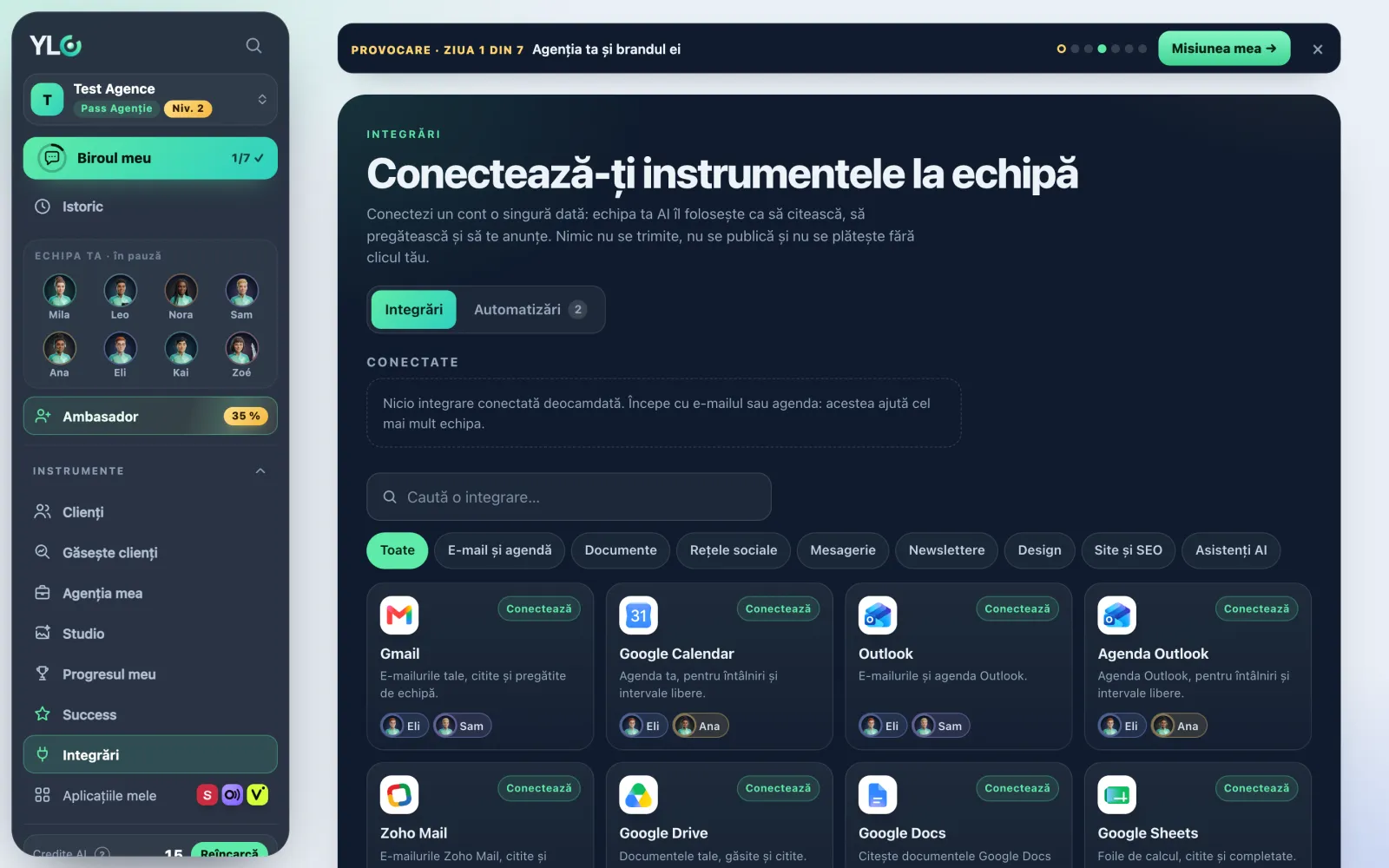 Pagina Integrări: conexiunile tale sus, apoi catalogul